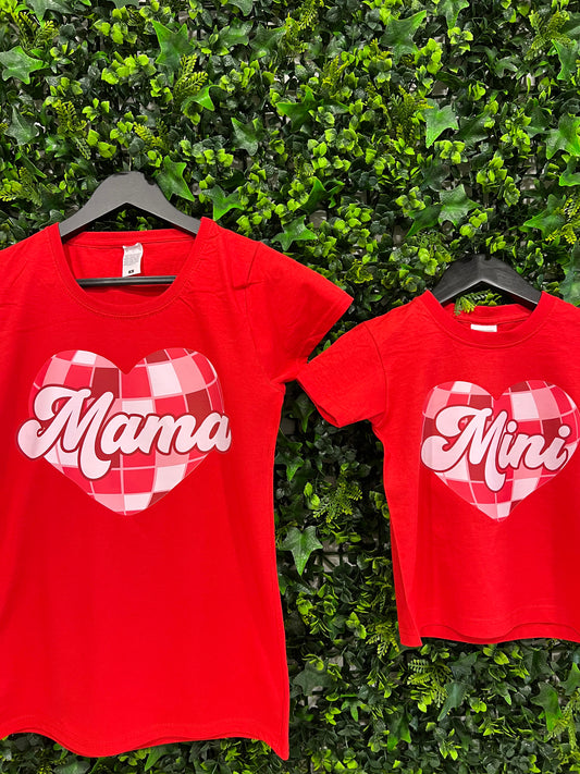 Mama & mini red chequered heart Matching T-shirts | Red